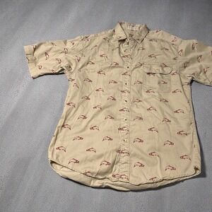 Madison Trader Men's Large Washed Cotton Button Down‎ Shirt Fish Outdoor Tan